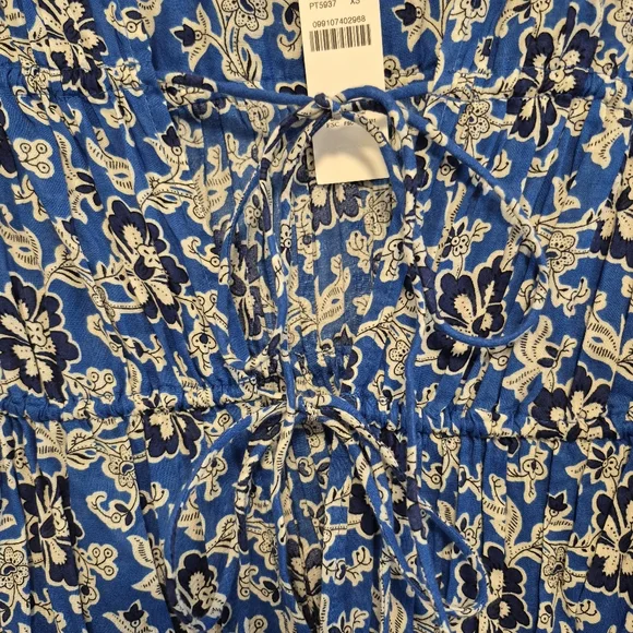 J. Crew Tiered Tie Front Beach Dress Cobalt Blue Floral Cotton Vneck Mini Sz XS - Picture 8 of 16